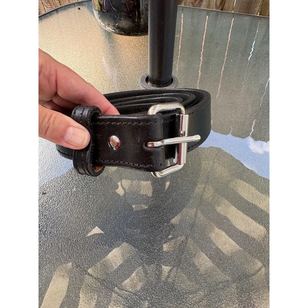 Mens Black Leather Work Belt USA Made Heavy Duty Roller Buckle Size 44N 1.5 Inch